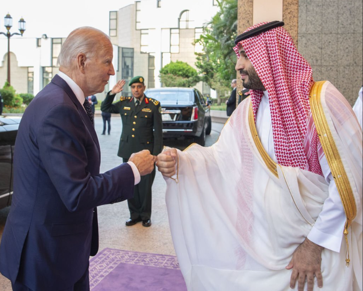 JEDDAH, SAUDI ARABIA - JULY 15: (----EDITORIAL USE ONLY â MANDATORY CREDIT - "ROYAL COURT OF SAUDI ARABIA / HANDOUT" - NO MARKETING NO ADVERTISING CAMPAIGNS - DISTRIBUTED AS A SERVICE TO CLIENTS----) US President Joe Biden (L) being welcomed by Saudi Arabian Crown Prince Mohammed bin Salman (R) at Alsalam Royal Palace in Jeddah, Saudi Arabia on July 15, 2022. (Photo by Royal Court of Saudi Arabia / Handout/Anadolu Agency via Getty Images)